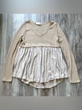 Women's Long Sleeve Beige Ribbed Knit Babydoll Top by Mod Boutique